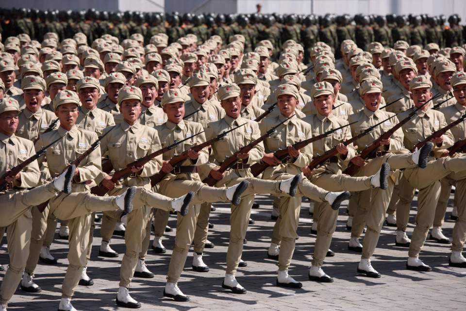 North Korean soldiers performing a military parade.