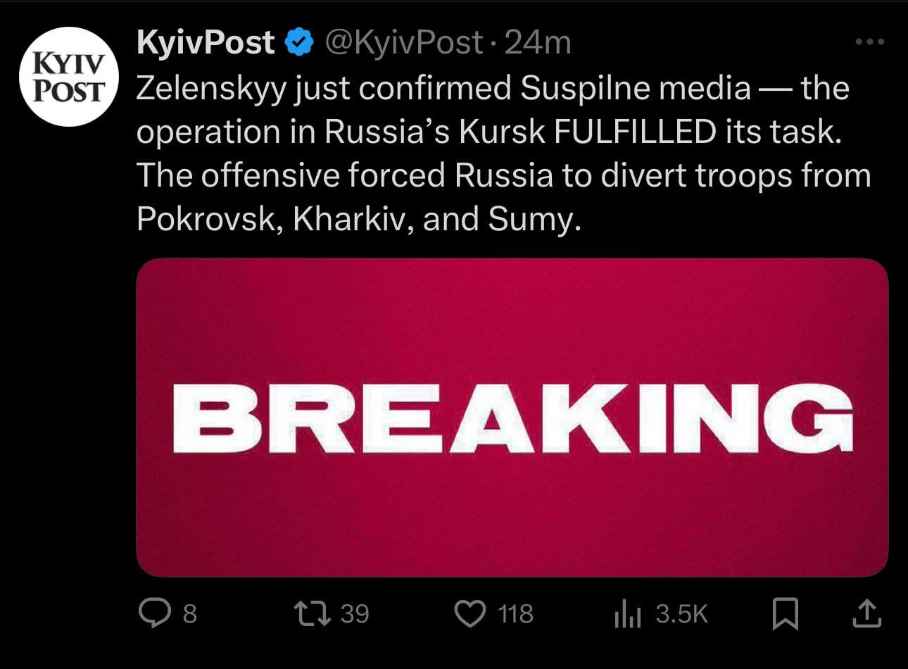 Zelensky announced that the Kursk Operation has fulfilled its task