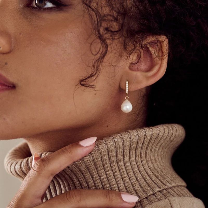 Orelia Pearl Drop Pavé Huggie Hoop Earrings
