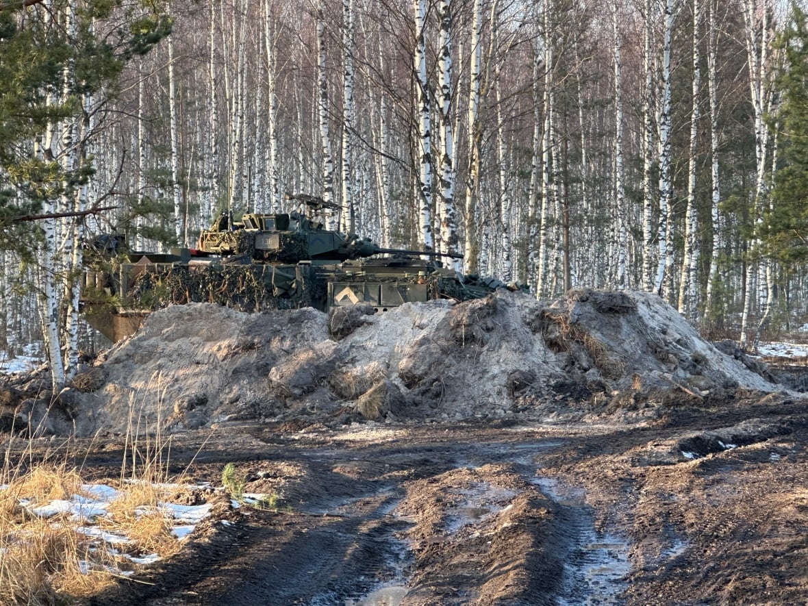 A Canadian Light Armored Vehicle dug in at a training range in Adazi, Latvia during a February 2025 exercise. 