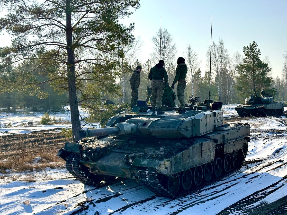A Canadian Leopard 2A4 main battle tank on exercise in Latvia in February 2025.