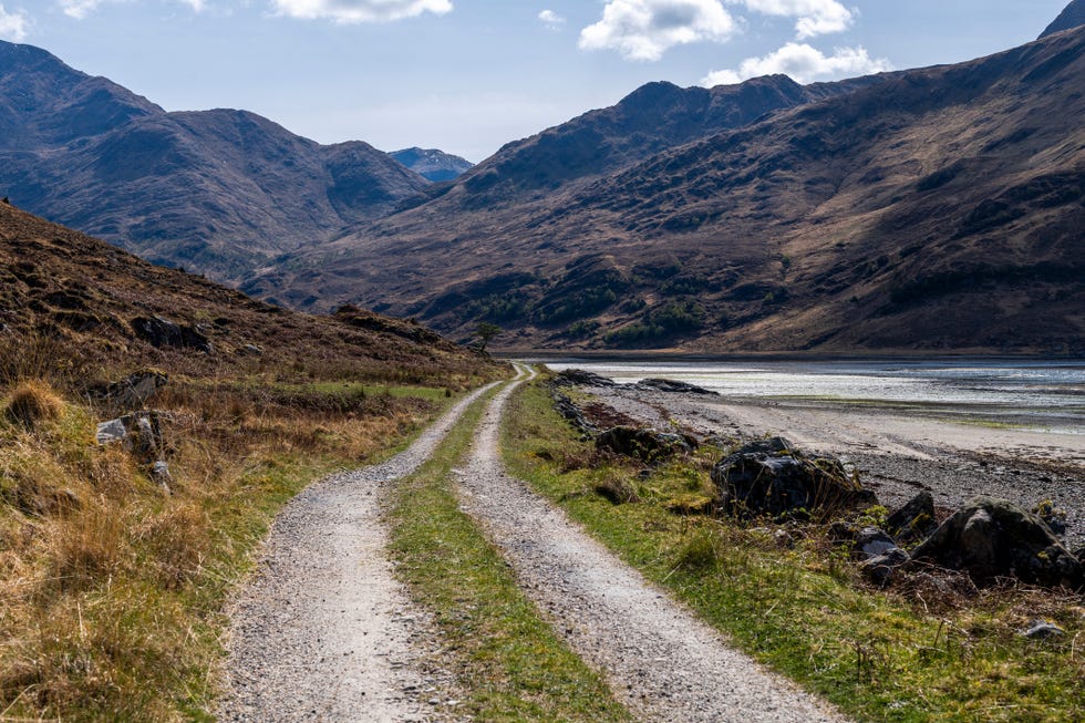 the cape wrath trail from kinloch hourn to inverie on the knoydart peninsula, one of the remotest wilderness areas in scotland