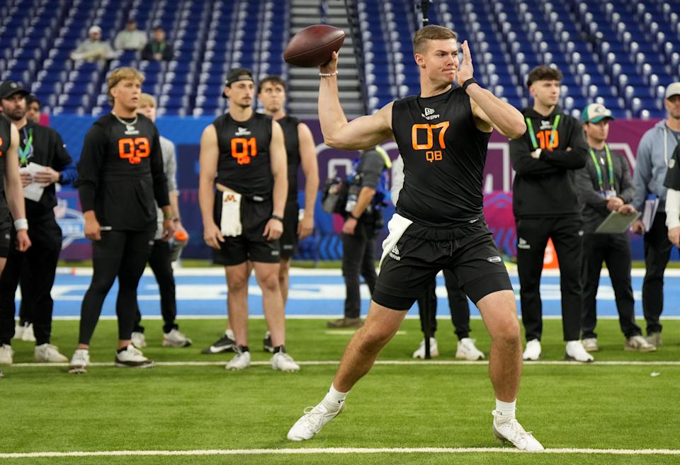 Mar 1, 2025; Indianapolis, IN, USA; Ohio State quarterback Will Howard (QB07) during the 2025 NFL Combine at Lucas Oil Stadium. Mandatory Credit: Kirby Lee-Imagn Images