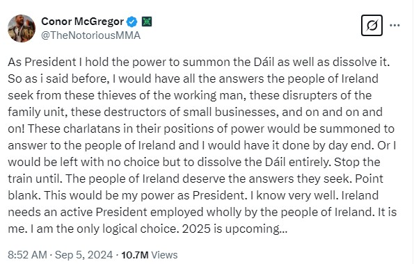A screenshot of Conor McGregor's post on X in September 2024.