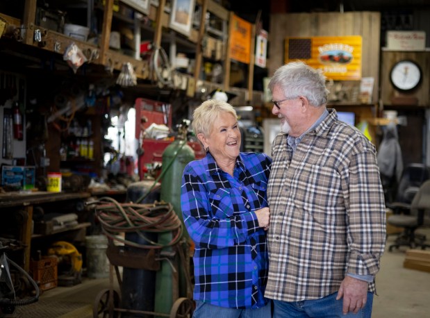 Dan and Dee Roberts, shown inside a barn on their farm in Minooka, have been growing corn and soybeans for 59 years on the spot north of town where Equinix wants to build its data center, March 19, 2025. (Brian Cassella/Chicago Tribune)