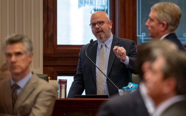 State Rep. Jeff Keicher (R-Sycamore) speaks Feb. 19, 2025, at the Illinois State Capitol in Springfield. (Brian Cassella/Chicago Tribune)
