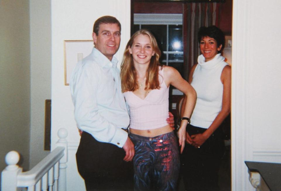 Prince Andrew poses for a photo with Virginia Roberts and Ghislaine Maxwell in 2001. DOJ