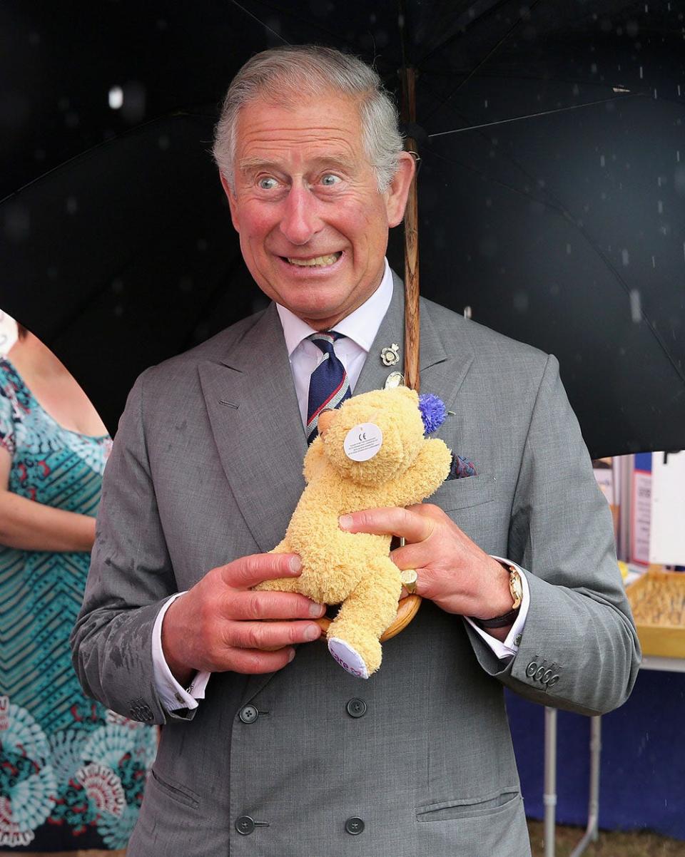 King Charles smiling and holding a yellow teddy bear and an umbrella