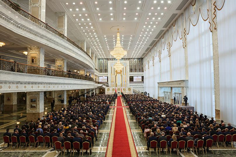Belarusian President Alexander Lukashenko takes his oath of office during his inauguration ceremony at the Palace of the Independence in Minsk, 25 March, 2025