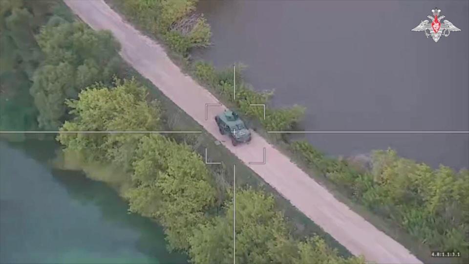 A screen grab from a video released by the Russian Defense Ministry shows a Ukrainian military armored fighting vehicle in the Kursk region on August 14.