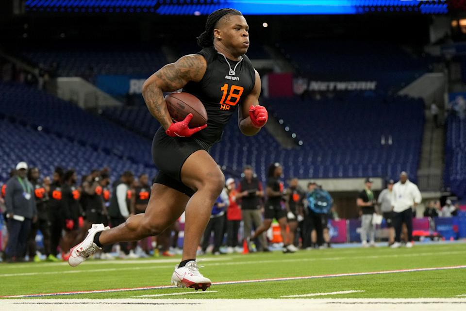 Mar 1, 2025; Indianapolis, IN, USA; Ohio State running back Quinshon Judkins (RB18) during the 2025 NFL Combine at Lucas Oil Stadium. Mandatory Credit: Kirby Lee-Imagn Images