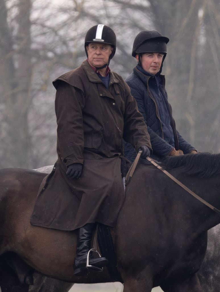 Prince Andrew was seen braving the chilly temperatures as he headed out on a horse ride at Windsor Castle. Shutterstock