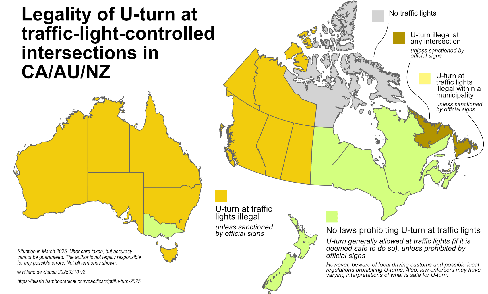 [OC] Legality of U-turn at traffic lights in CA / AU / NZ