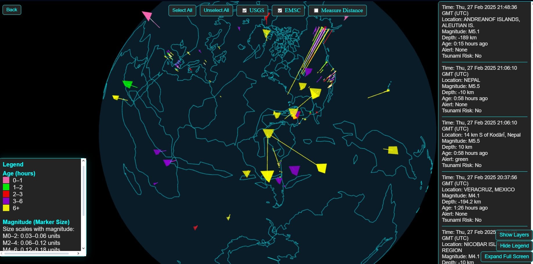 3D Earthquakes Globe Live Data