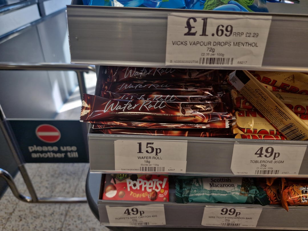 Really cheap wafer rolls and I got a can of liquid death for 29p at home bargins