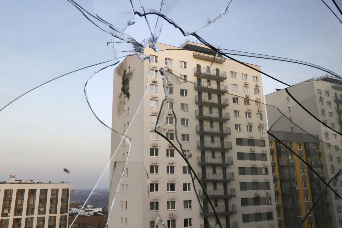 A damaged apartment building in a residential complex following a drone attack in the village of Sapronovo, Moscow region, on March 11, 2025.