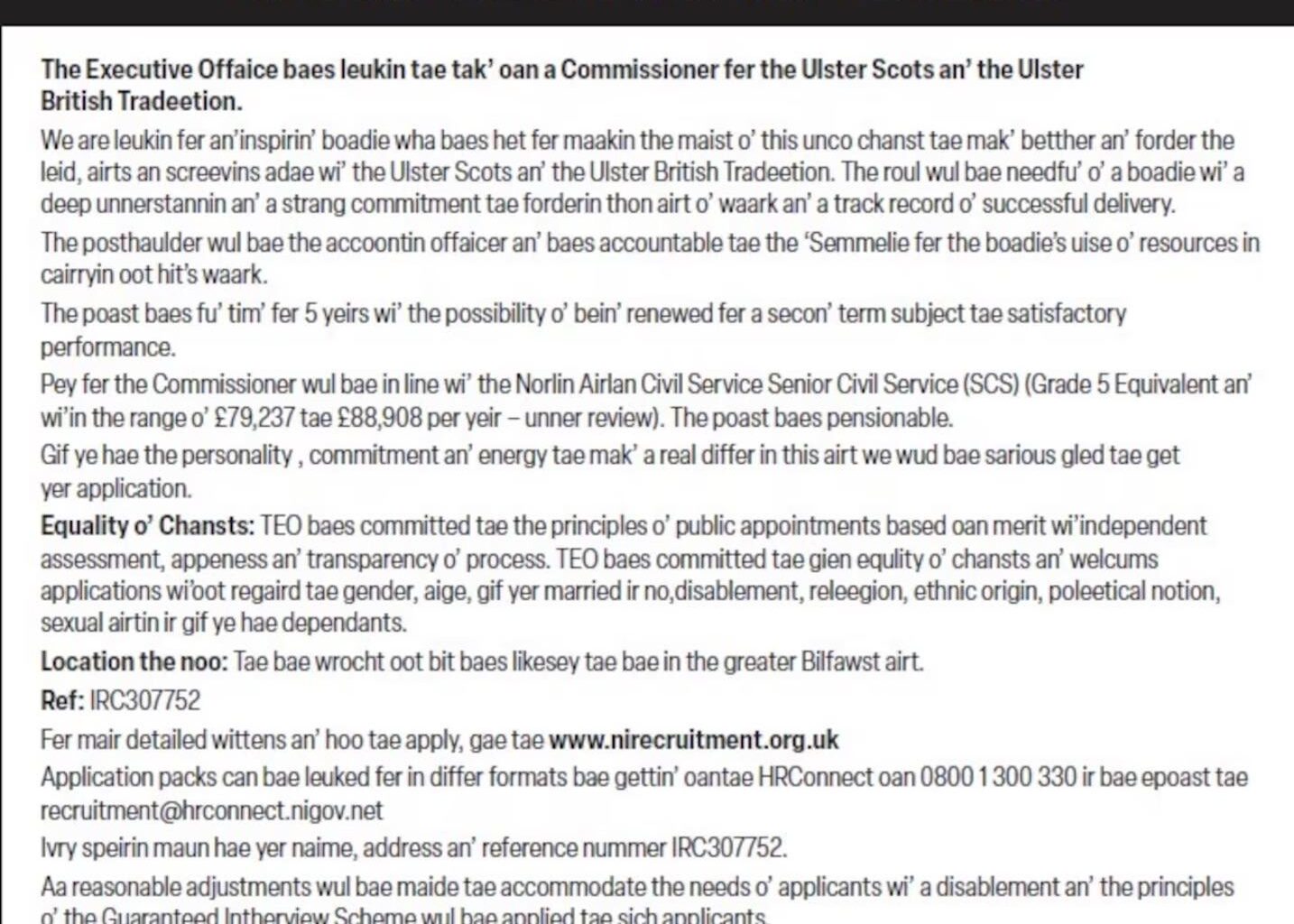 Application form for the Ulster-Scots Commissioner position which pays £89,000 and doesn’t require you to be fluent in it