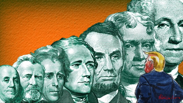 James Ferguson illustration of Donald Trump looking at a line of US presidents’ faces taken from dollar notes.
