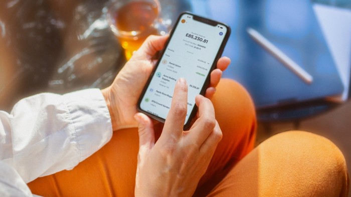 Close-up of hands using a banking app on a smartphone, displaying account balance and list of recent transactions