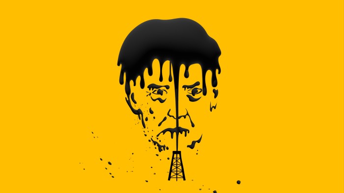 A drawing of an oil rig spouting oil in the shape of Donald Trump’s face