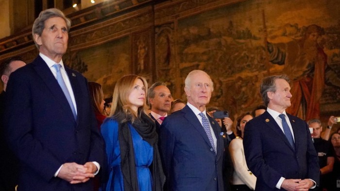 Former US Secretary of State and co-executive chairman of climate focused investment fund Galvanize, John Kerry, Sustainable Markets Initiative Chief Executive Jennifer Jordan-Saifi, Britain’s King Charles III and Bank of America CEO Brian Moynihan at the SMI Terra Carta Exhibition and Reception, at Hampton Court Palace