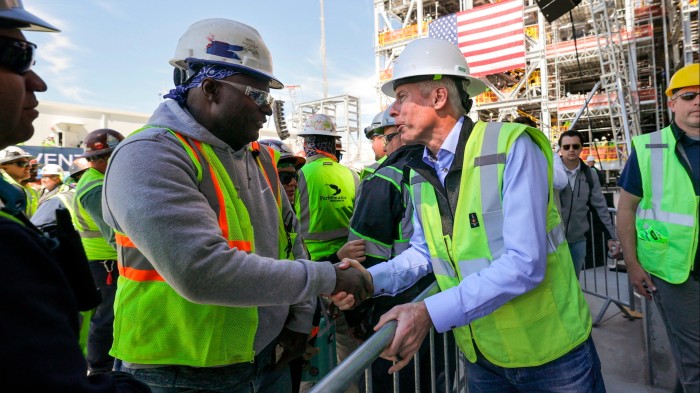 Chris Wright greets workers at Venture Global’s Plaquemines LNG export facility in Louisiana on March 6