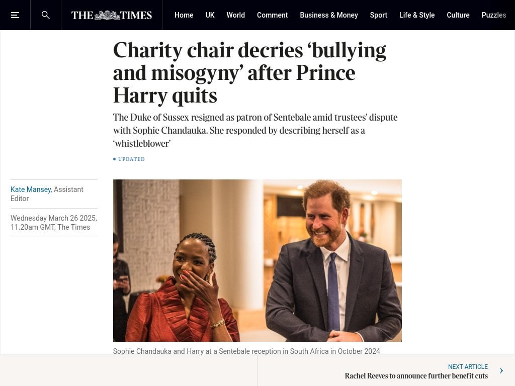Charity chair decries ‘bullying and misogyny’ after Prince Harry quits