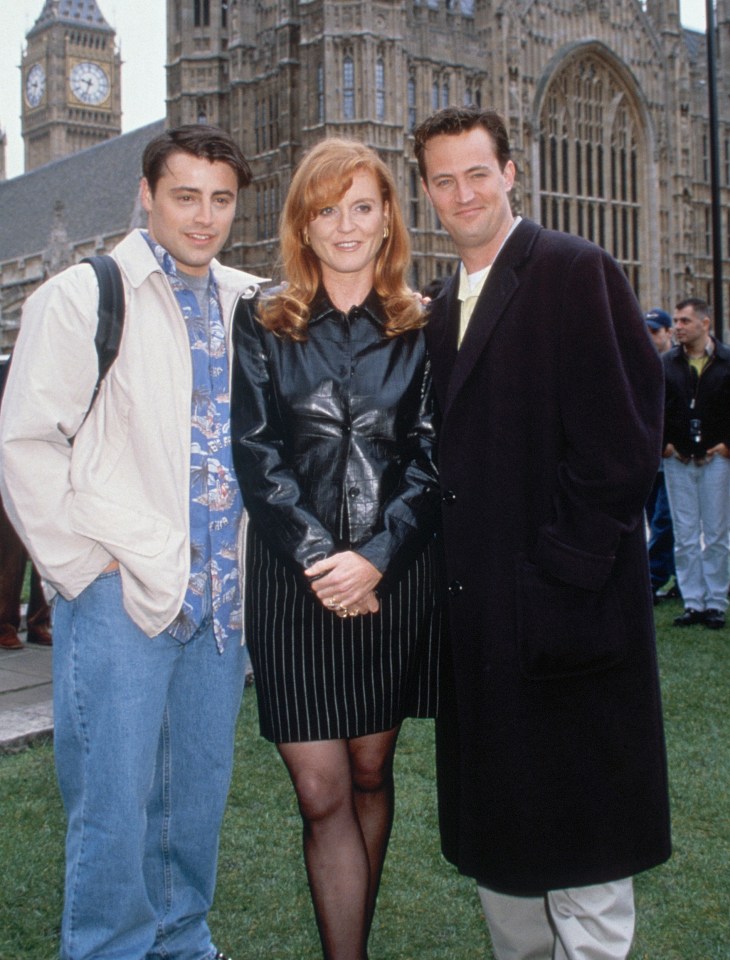 Matt LeBlanc, Sarah Ferguson, and Matthew Perry in front of the Houses of Parliament.