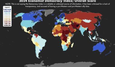 [OC] The Economist's Democracy Index has released scores for 2024, these are maps showing the overall score by country, the scores for the Index's five categories by country, and the change in overall score since 2023.