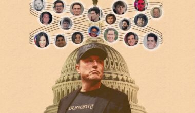 an illustration of Elon Musk, stood in front of a graphic of the U.S. Capitol, with various faces around Musk of those who are in his inner circle, including DOGE members.