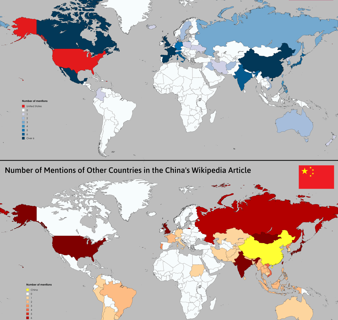 Number of Mentions of Other Countries in the United States' and China's Wikipedia Articles [OC]