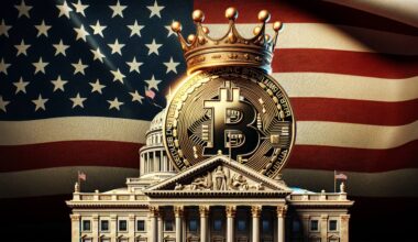 Bitcoin sitting on top of the White House wearing a crown