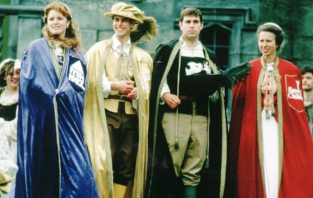 Princess Diana, Prince Edward, Prince Andrew, and Princess Anne in medieval-style costumes.