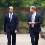 Prince William, Duke of Cambridge (left) and Prince Harry, Duke of Sussex arrive for the unveiling of a statue they commissioned of their mother Diana, Princess of Wales, in the Sunken Garden at Kensington Palace, on what would have been her 60th birthday on July 1, 2021 in London, England. Today would have been the 60th birthday of Princess Diana, who died in 1997.