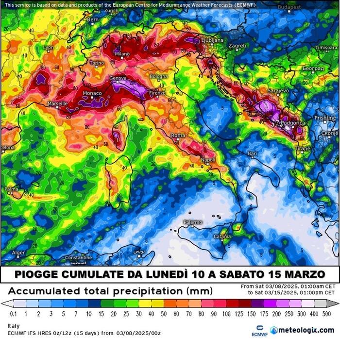 Precipitazioni cumulate complessive: tutta la pioggia di un mese concentrata in pochi giorni
