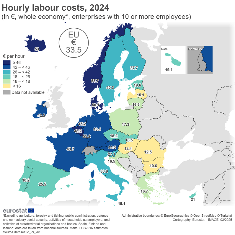 Hourly labour costs in EU, 2024