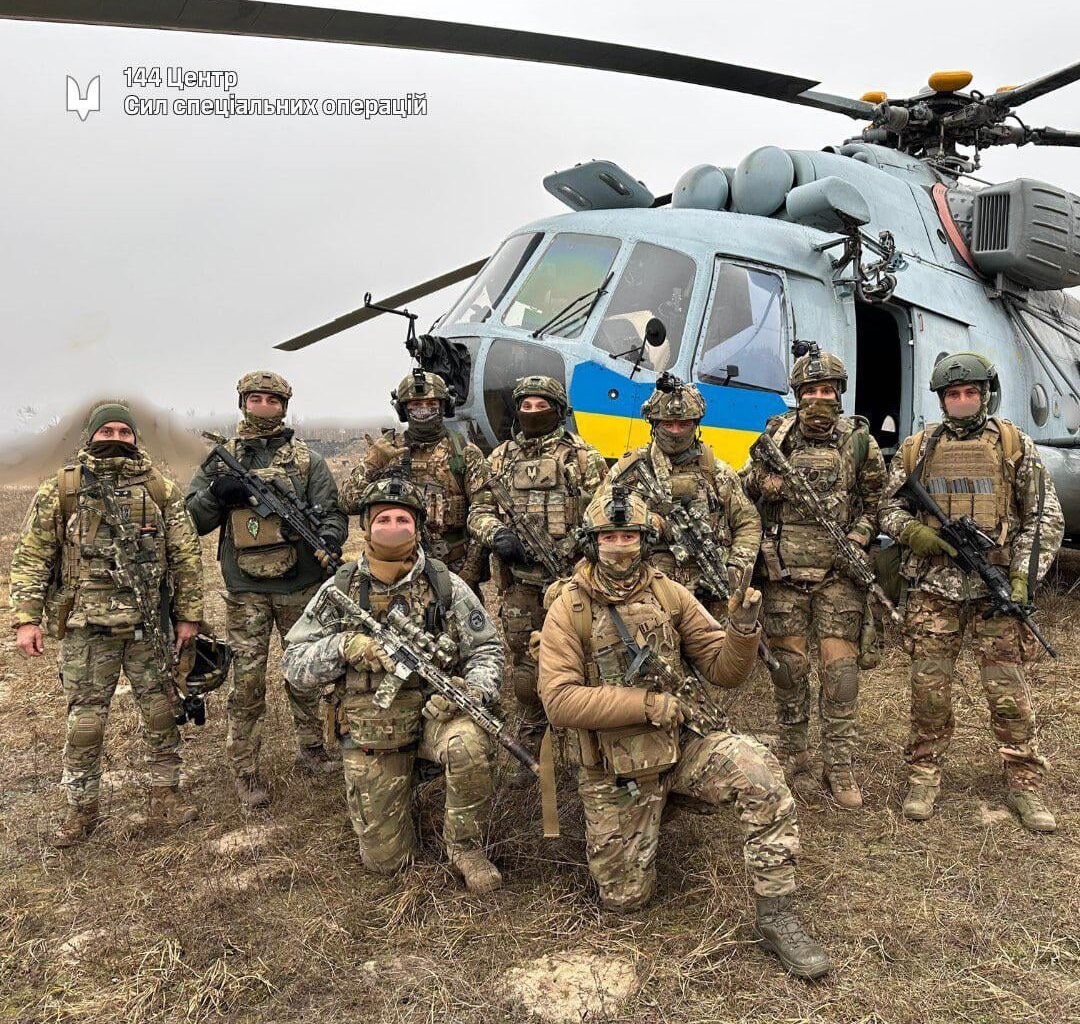 Personnel from the 144th Separate Center for Fire Support of Special Operations Forces of Ukraine (SOF), with a former Croatian Mil Mi-8 'Hip' transport helicopter.