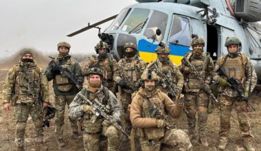 Personnel from the 144th Separate Center for Fire Support of Special Operations Forces of Ukraine (SOF), with a former Croatian Mil Mi-8 'Hip' transport helicopter.