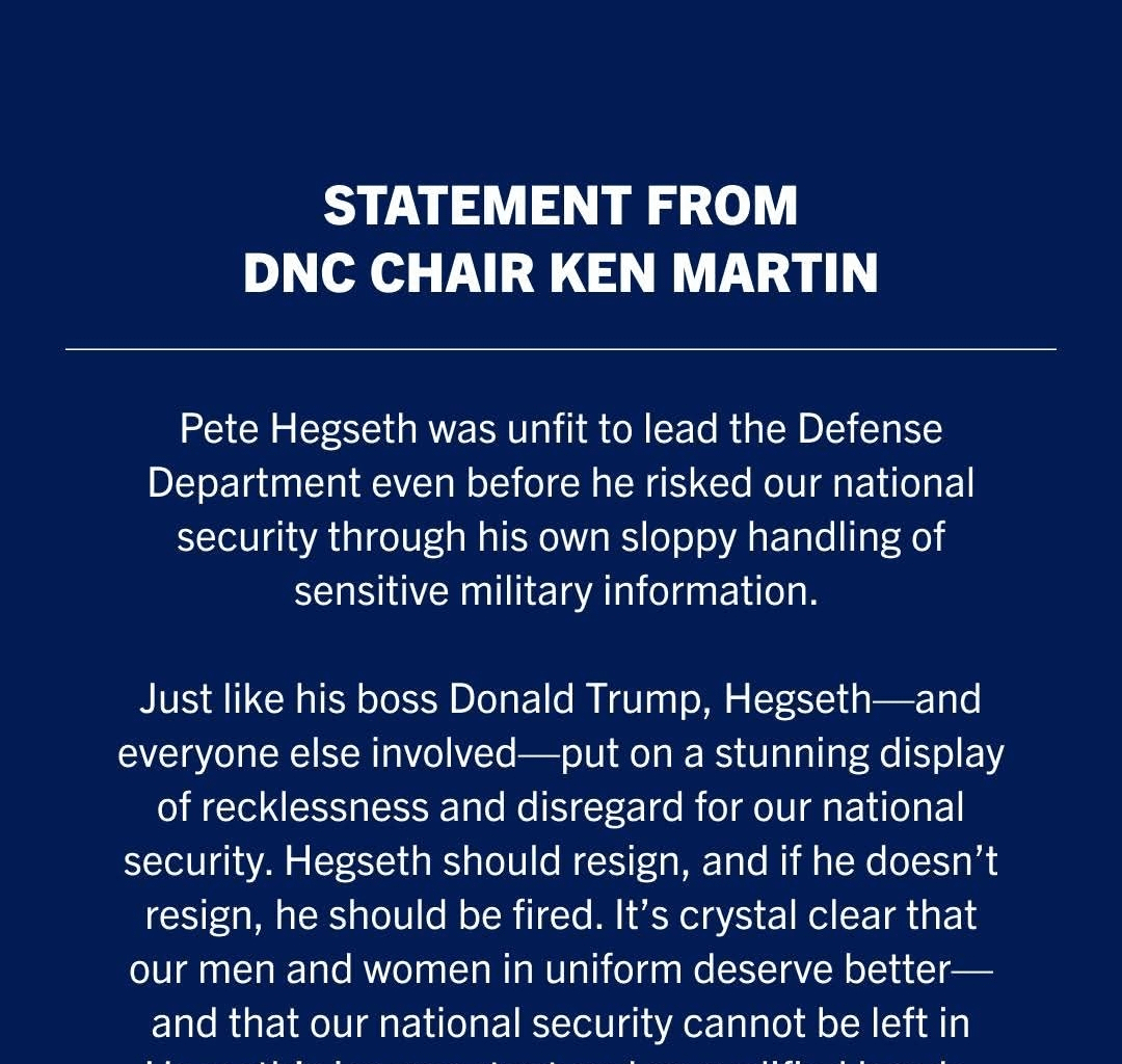 Democrats' statement on the Trump administration making war plans via group chat