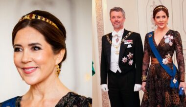 Queen Mary of Denmark smiles during a gala dinner at the Presidential Palace in Helsinki, Finland, on March 4.