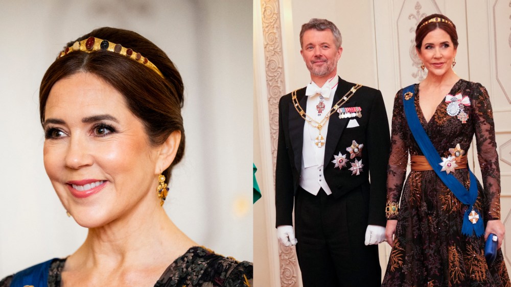 Queen Mary of Denmark smiles during a gala dinner at the Presidential Palace in Helsinki, Finland, on March 4.