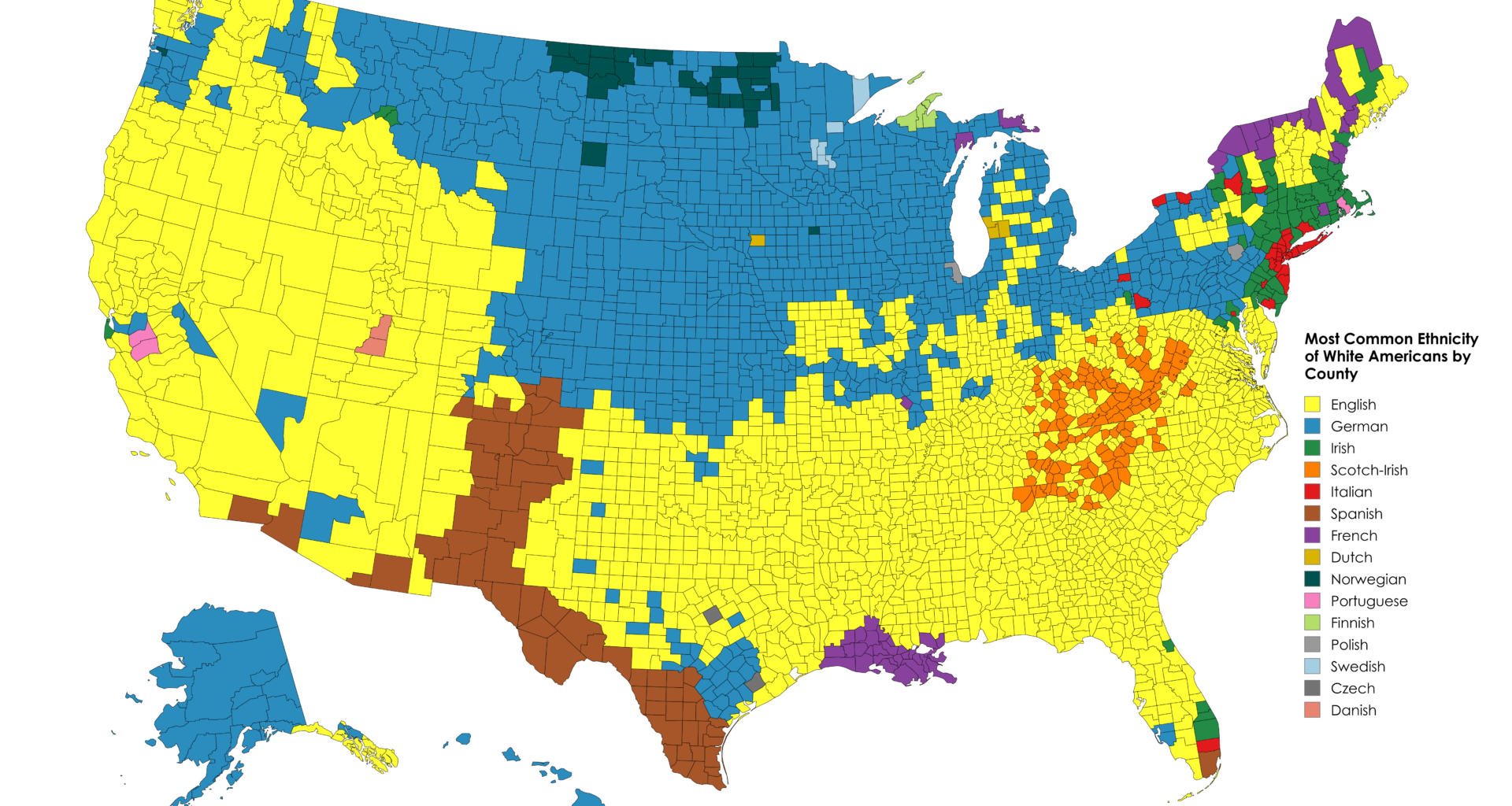 Most common ethnicity of White Americans by county [OC]