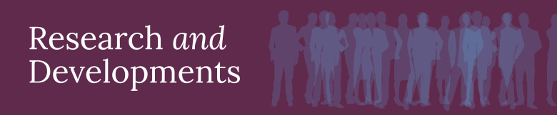 The text “Research and Developments” overlies an aubergine-colored rectangle. To the right are silhouettes of people in lavender and periwinkle, some overlapping others.