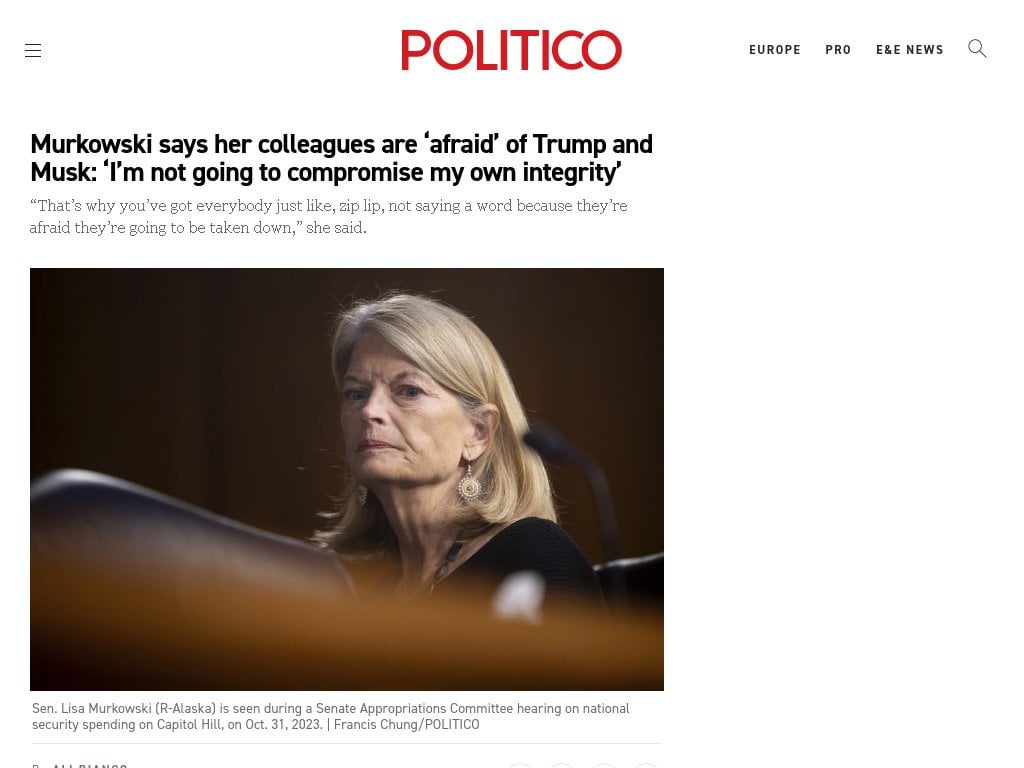 GOP Senator Lisa Murkowski said her Republican colleagues are afraid of challenging Trump or Musk, knowing she could face an expensive primary challenge for her criticism of the administration