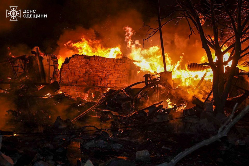 Photo of a burning building in Odesa region, Ukraine.