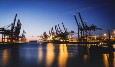 Port cranes at dusk
