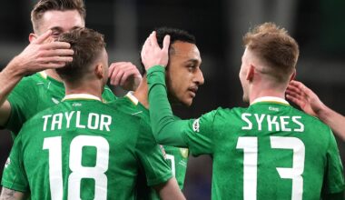 Adam Idah is congratulated after scoring Ireland's winner against Bulgaria in the second leg of their Nations League play-off