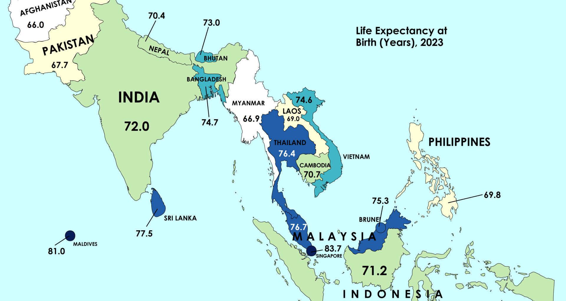 [OC] Life expectancy in South and South East Asia