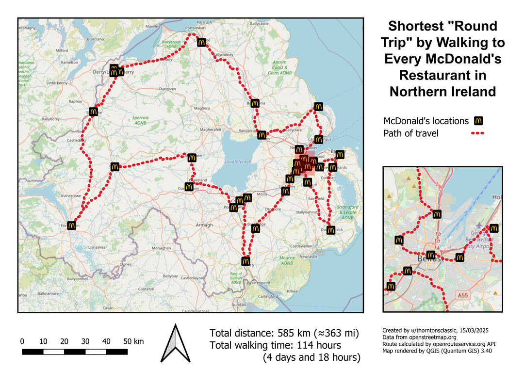 Shortest "round trip" by walking, to every McDonald's location in Northern Ireland [OC]
