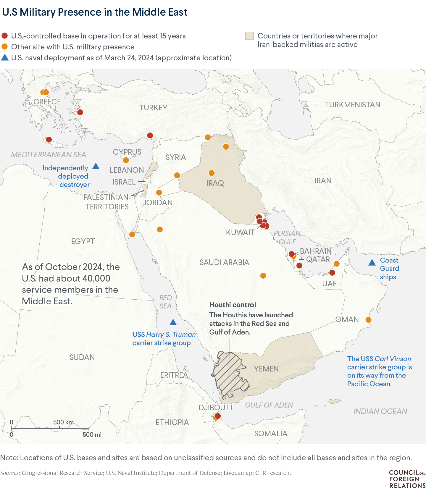 A map of U.S. military presence in the Middle East including bases and naval deployments, and showing the area controlled by the Houthis.